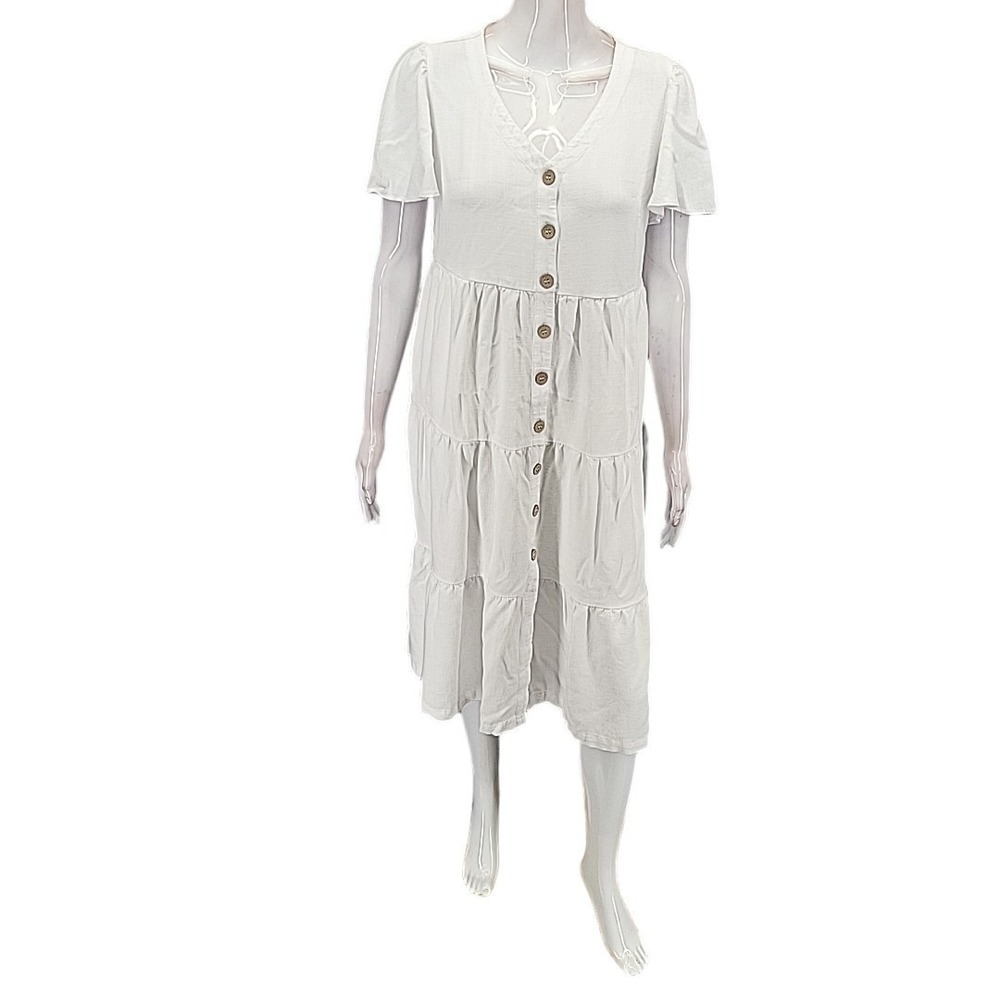 Susan Graver Pure Rayon Linen Blend Button Front Midi Dress White Petite Medium